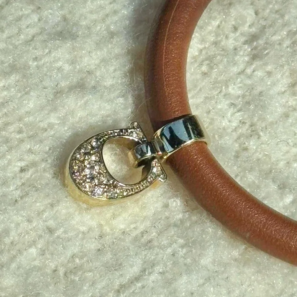 Vintage Coach Leather Bracelet Pave Signature C Charm Honey Brown Cord Gold Tone - Picture 2 of 6